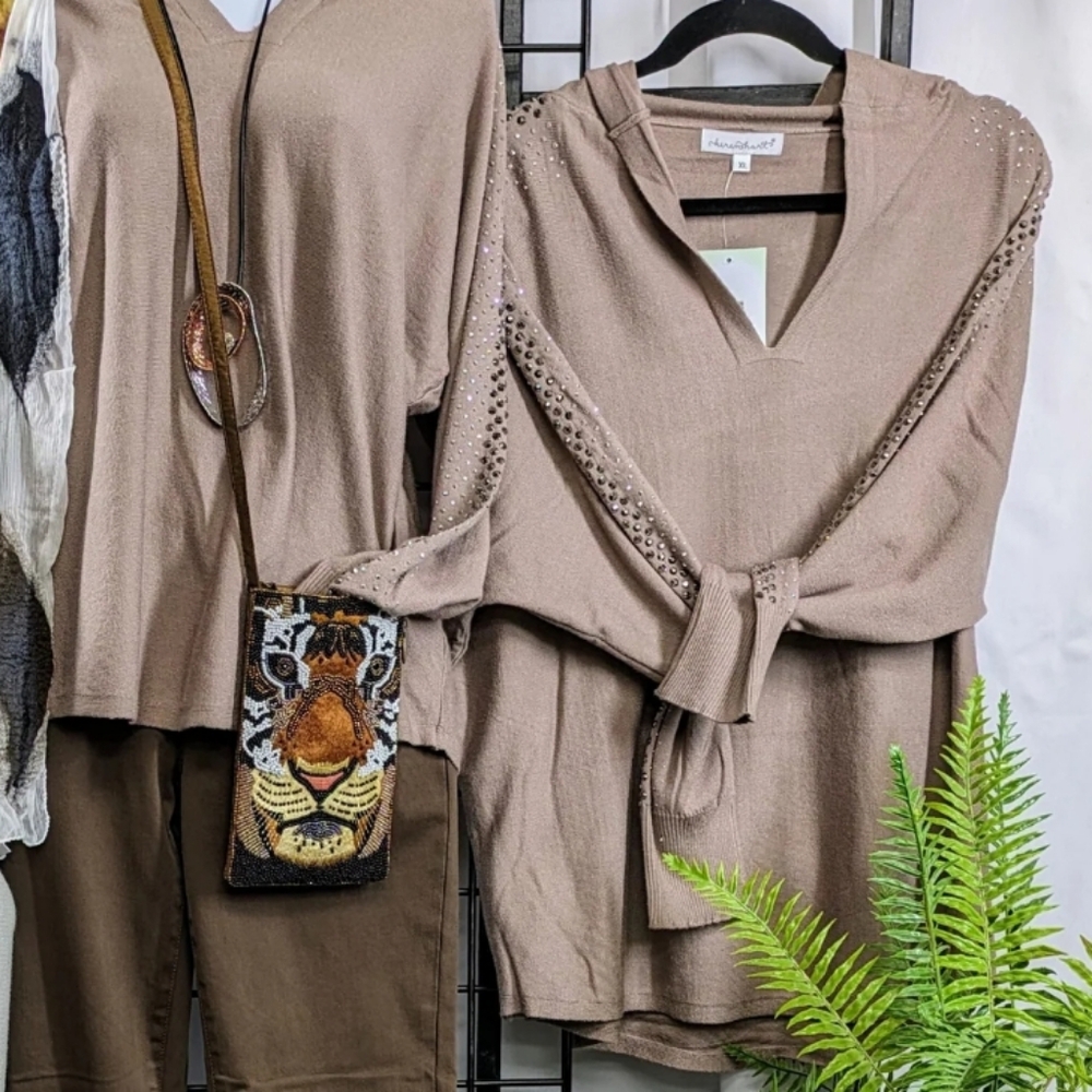 NWT Keren Hart Jeweled Sleeve Hooded Sweater size S Mocha Tan S-2390 - Picture 5 of 16